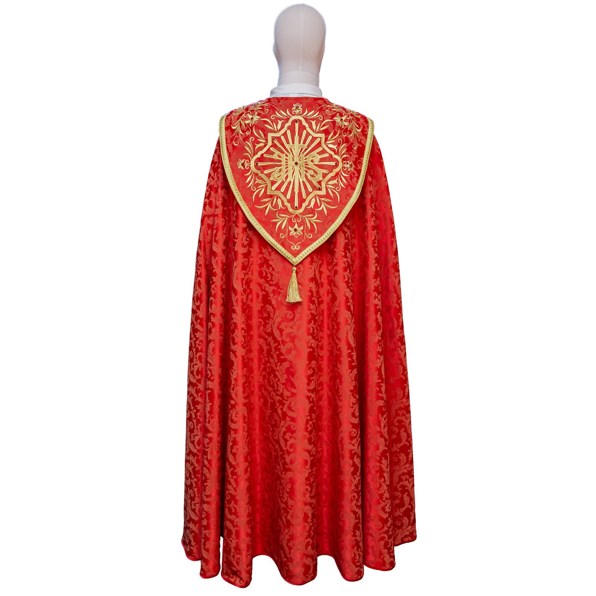 Chape en damas riche, broderie de roses et pierres