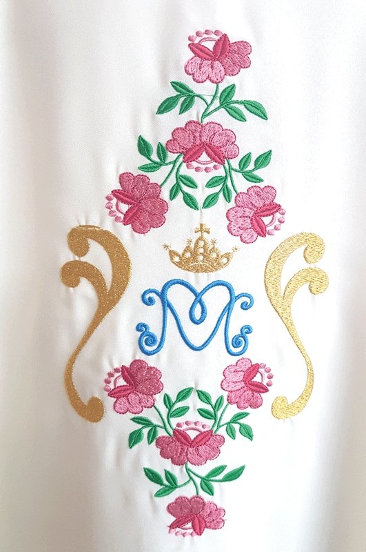 Casula mariana con ricamo "m rose" sul davanti e sul resto - luxdei.it